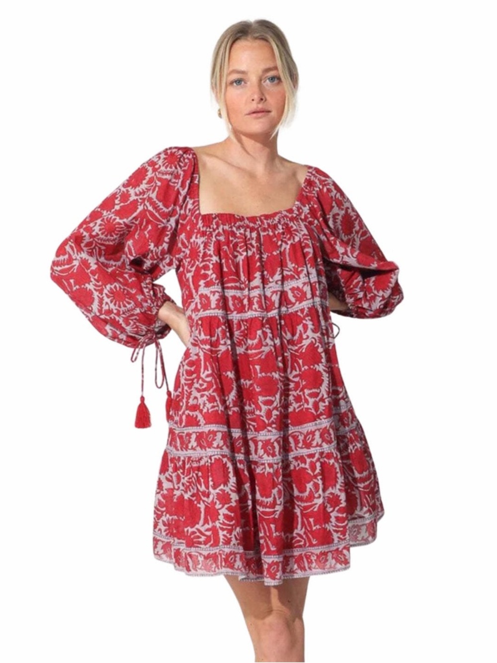 Cleobella Hattie Organic CottonRed Floral Paisley Square-Neck Boho Mini Dress